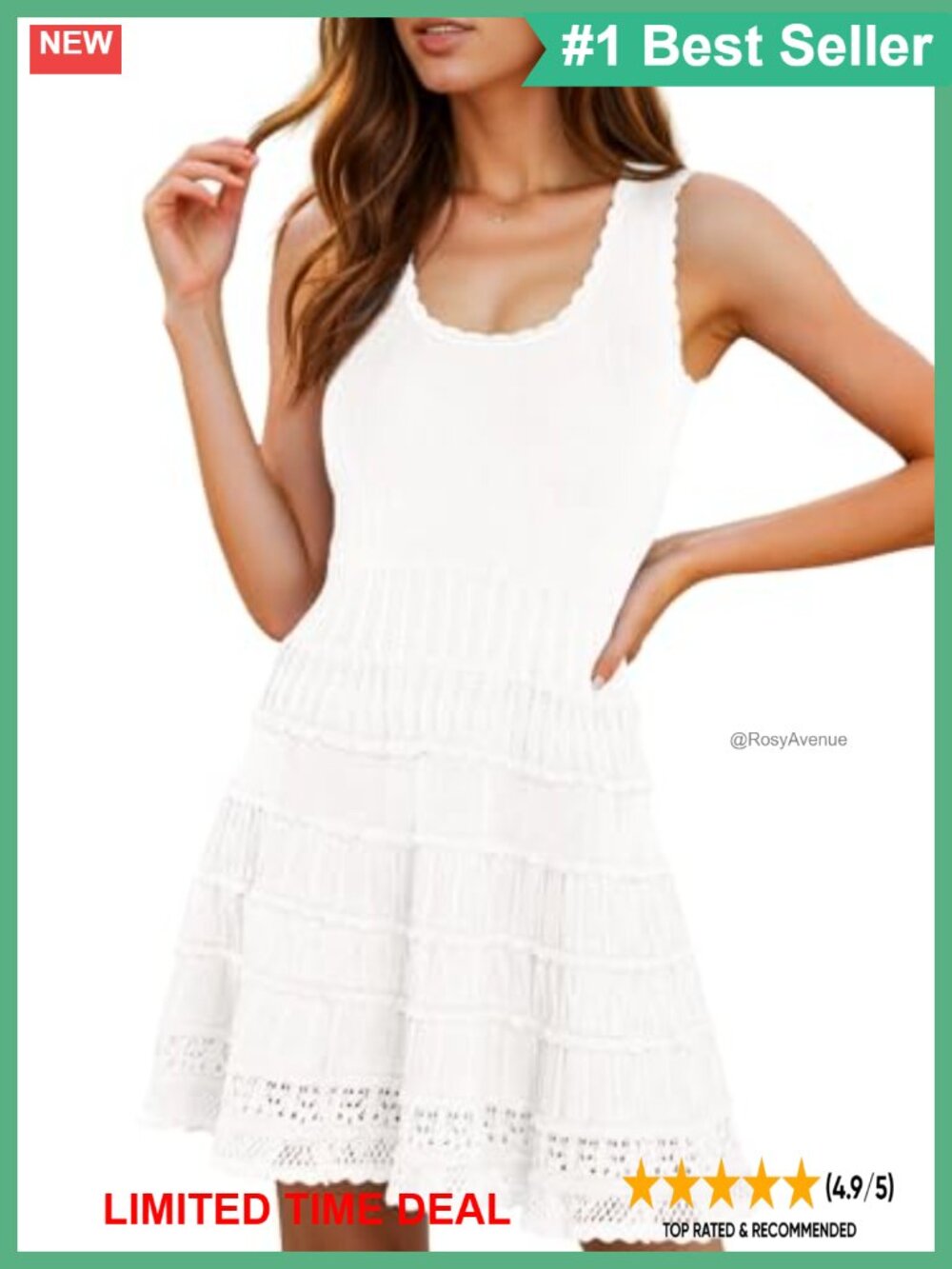 Women's Sleeveless Knit Mini Dress Crochet Hem A-Line Summer Casual
